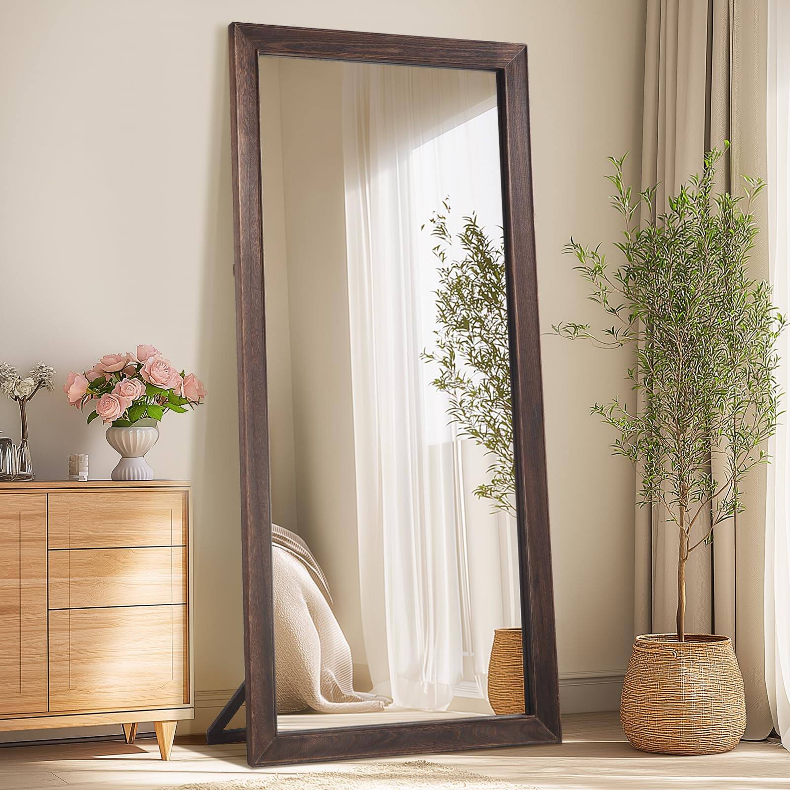 Comfort Essence - Rustic Farmhouse Full Length Mirror 64"x21" Wood Frame Floor Free Standing Leaning Wall Body For Bedroom - Brown-71"L x 32"W