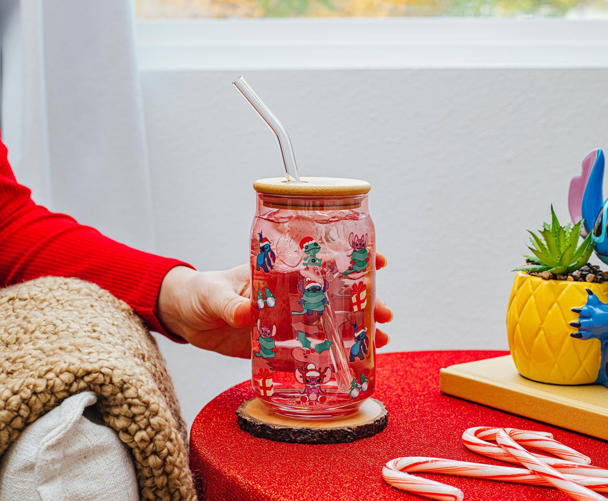 Alt View 4. Silver Buffalo - Disney Lilo & Stitch Holiday 16-Ounce Glass Tumbler With Bamboo Lid and Straw - Pink.