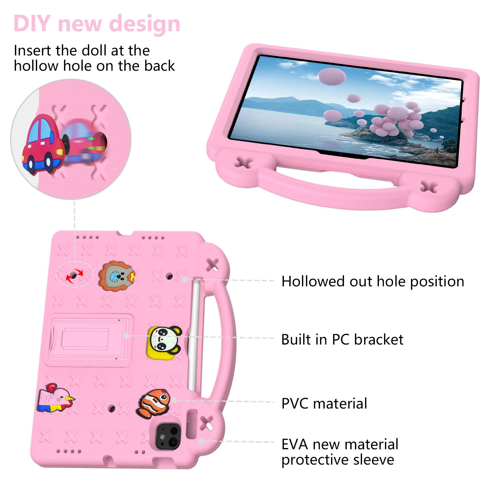 DIY new design  
Insert the doll at the hollow hole on the back  

Hollowed out hole position  
Built in PC bracket  
PVC material  
EVA new material protective sleeve