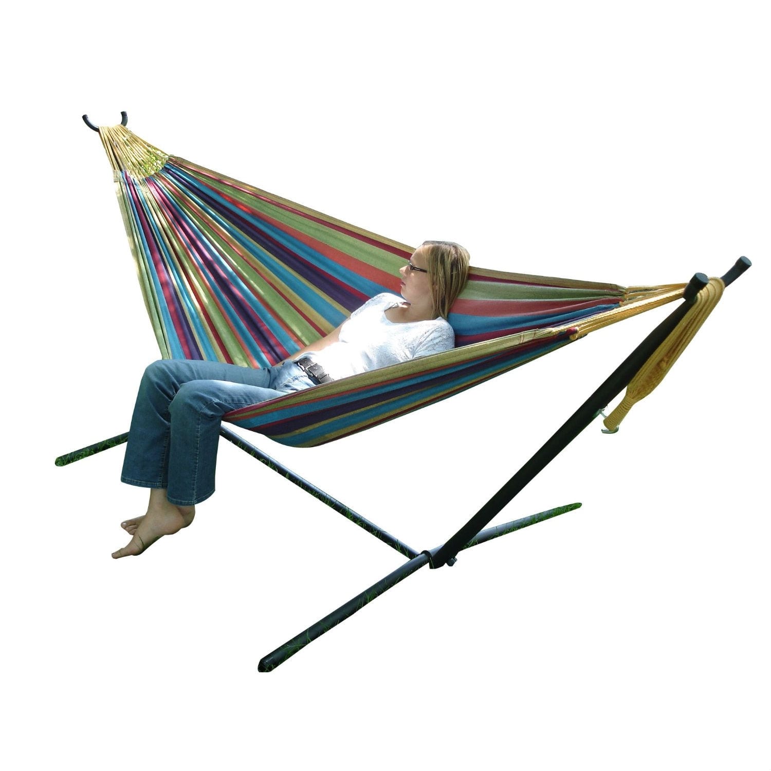 Hivvago - Tropical Fabric Double Hammock with 9-Foot Steel Stand - Multicolor