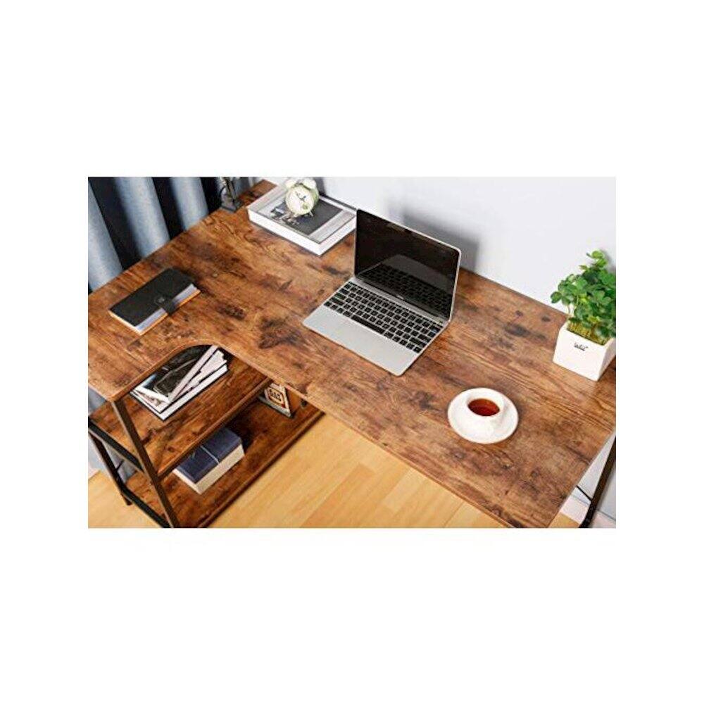 Alt View 1. JJS - L-Shaped Home Office Corner Writing Computer Desk With Build-In Bookcase - Rustic Brown.