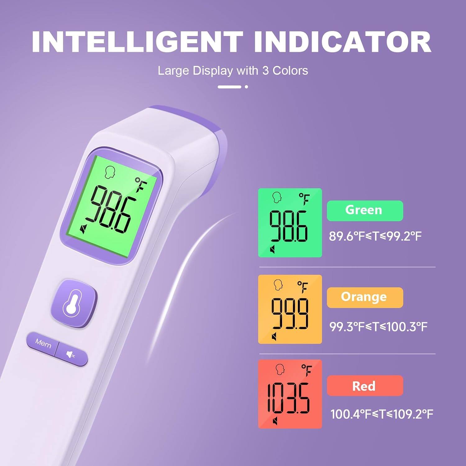 INTELLIGENT INDICATOR  
Large Display with 3 Colors

Green 89.6°F ≤ T ≤ 99.2°F  
Orange 99.3°F ≤ T ≤ 100.3°F  
Red 100.4°F ≤ T ≤ 109.2°F