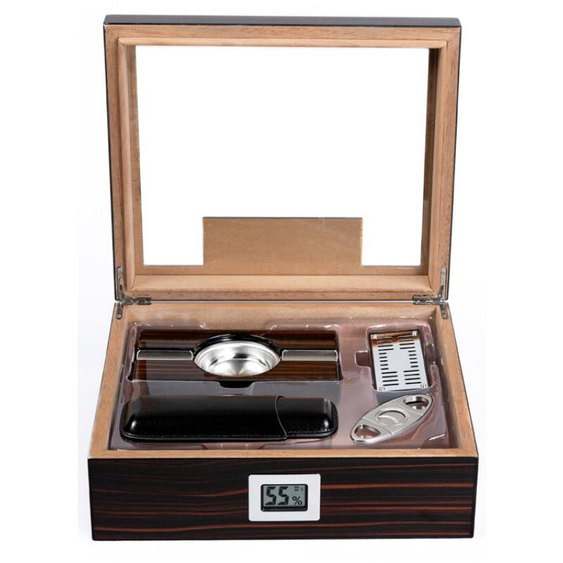 Back. Prestige - Kensington Humidor Gift Set - Ultra-Rich High Gloss Ebony Cherry Wood Finish.