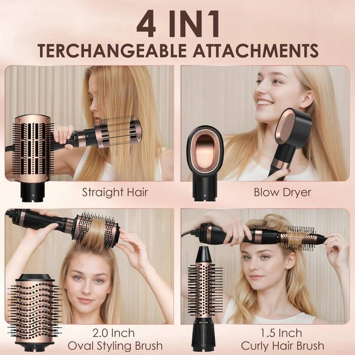 4 IN1  
TERCHANGEABLE ATTACHMENTS

- Straight Hair
- Blow Dryer
- 2.0 Inch Oval Styling Brush
- 1.5 Inch Curly Hair Brush