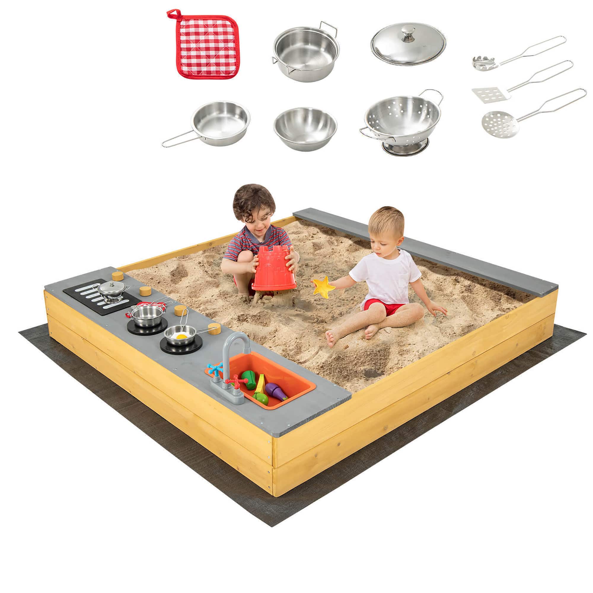 Gymax - Kids Sandbox Outdoor Wooden Sandpit w/ Bottom Liner Creative Cooking Area - Natural
