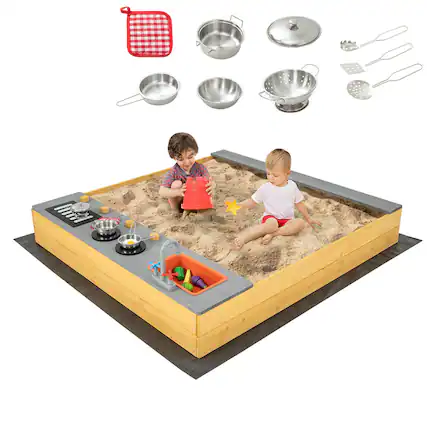 Front. Gymax - Gymax Kids Sandbox Outdoor Wooden Sandpit w/ Bottom Liner Creative Cooking Area - Natural.