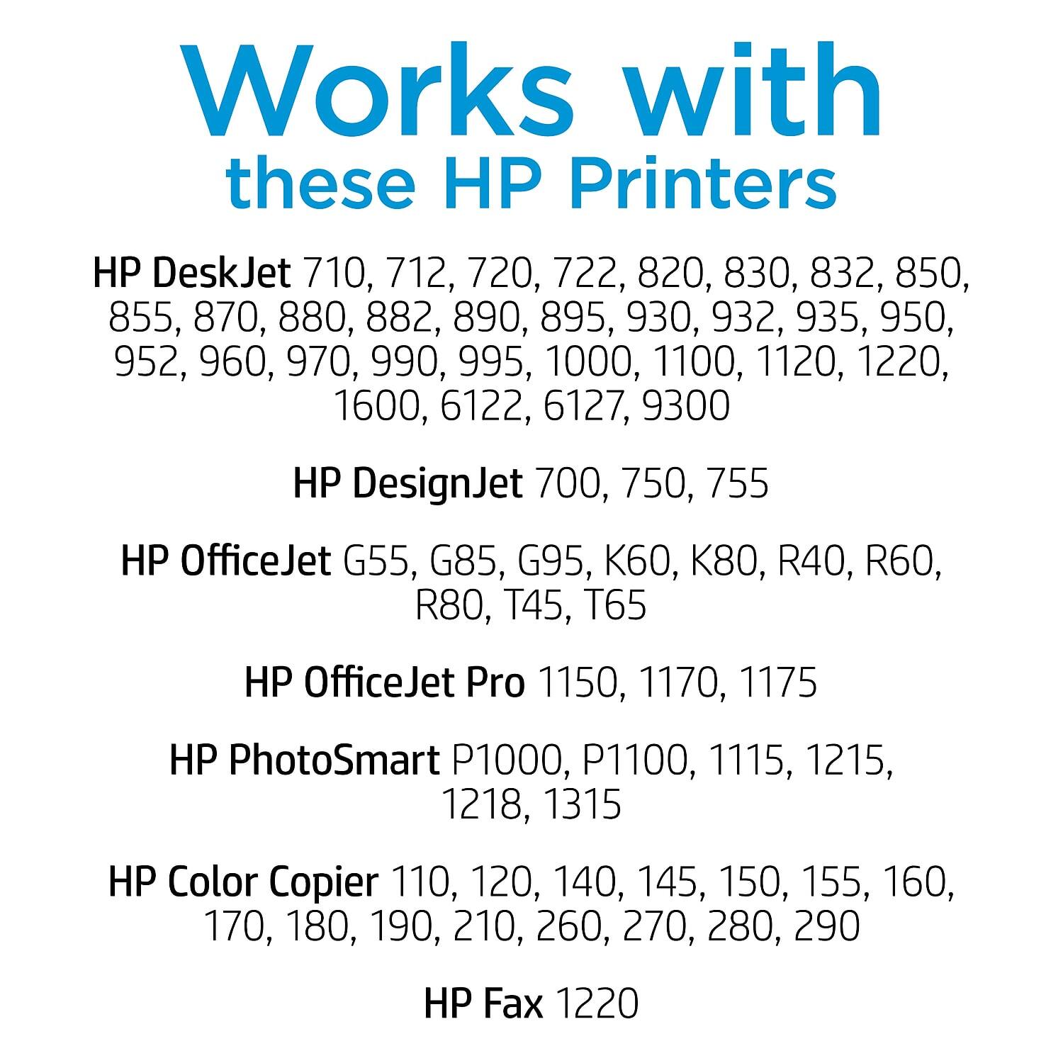 Works with these HP Printers

HP DeskJet 710, 712, 720, 722, 820, 830, 832, 850, 855, 870, 880, 882, 890, 895, 930, 932, 935, 950, 952, 960, 970, 990, 995, 1000, 1100, 1120, 1220, 1600, 6122, 6127, 9300

HP DesignJet 700, 750, 755

HP OfficeJet G55, G85, G95, K60, K80, R40, R60, R80, T45, T65

HP OfficeJet Pro 1150, 1170, 1175


