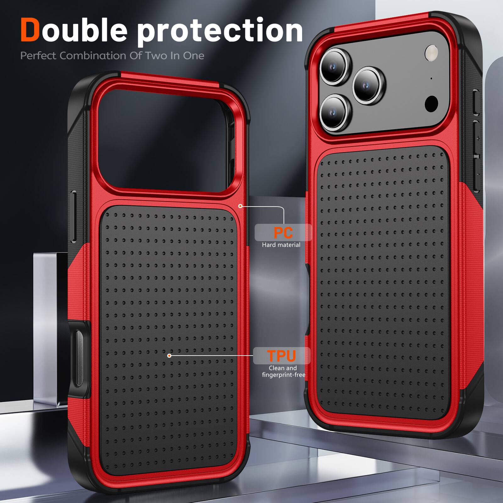 Double protection  
Perfect Combination Of Two In One

PC  
Hard material

TPU  
Clean and fingerprint-free
