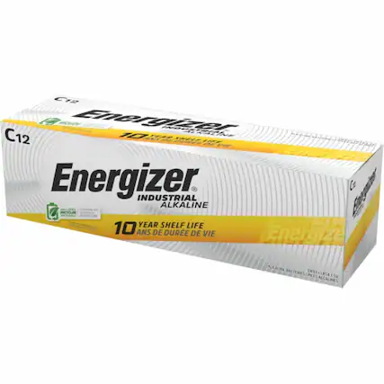 C12 Energizer FRZN C12 10 SA3 VEAR 1x DURE LEF 2E HF Energizer INDUSTRIAL Eognther V ALKALINE INCLUDES CYCLED MATUIBAL HATERULT RECYCLES 10 YEAR SHELF LIFE FL ANS DE DURE DE VIE energize ALKALINE ENGI BATTERIES PILES 4 1.5V ALCALINES