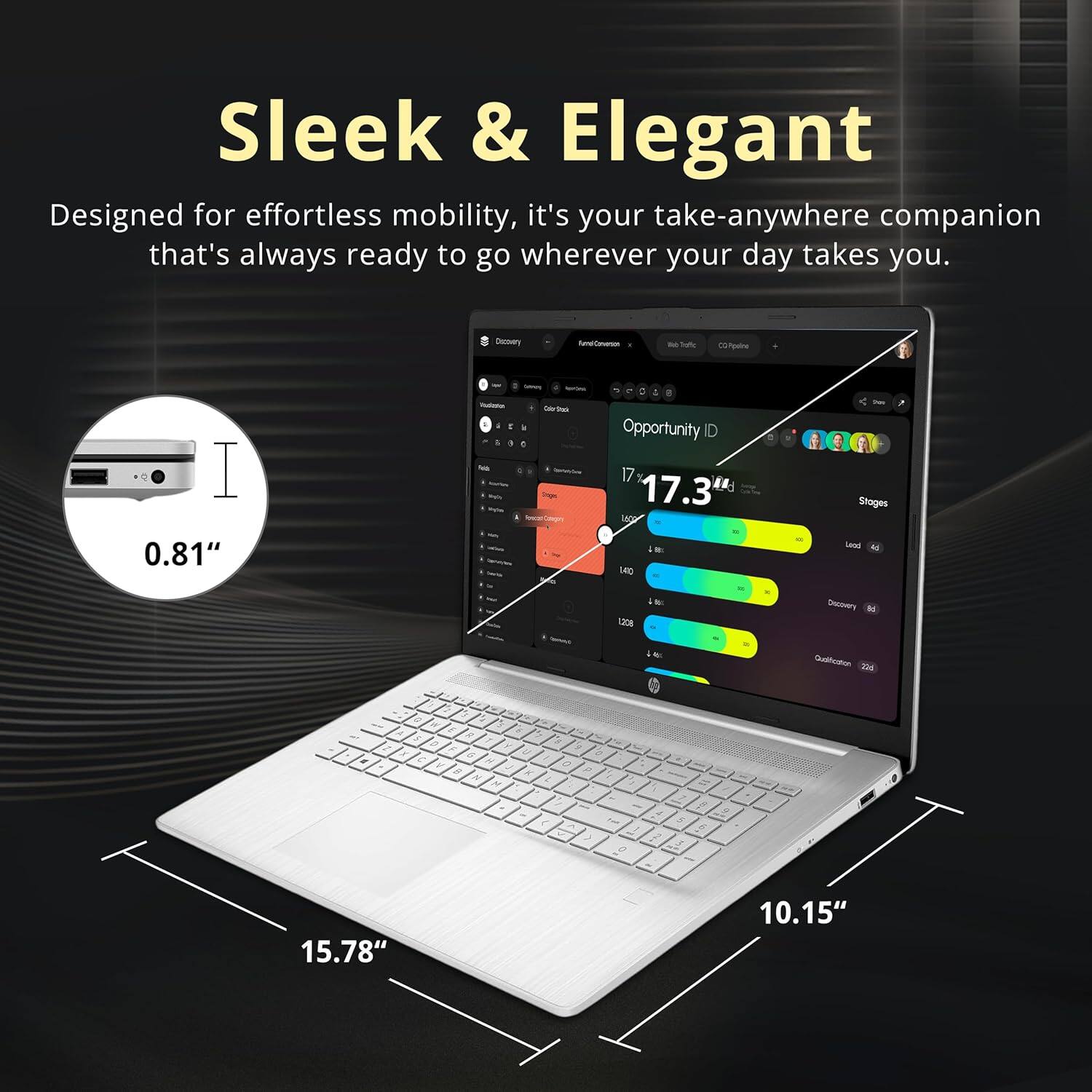Sleek & Elegant  
Designed for effortless mobility, it's your take-anywhere companion that's always ready to go wherever your day takes you.  

0.81"  
15.78"  
10.15"  

Opportunity ID 17.3  
140  
Stages Lead 1,208  
Discovery 204  
Qualification 224
