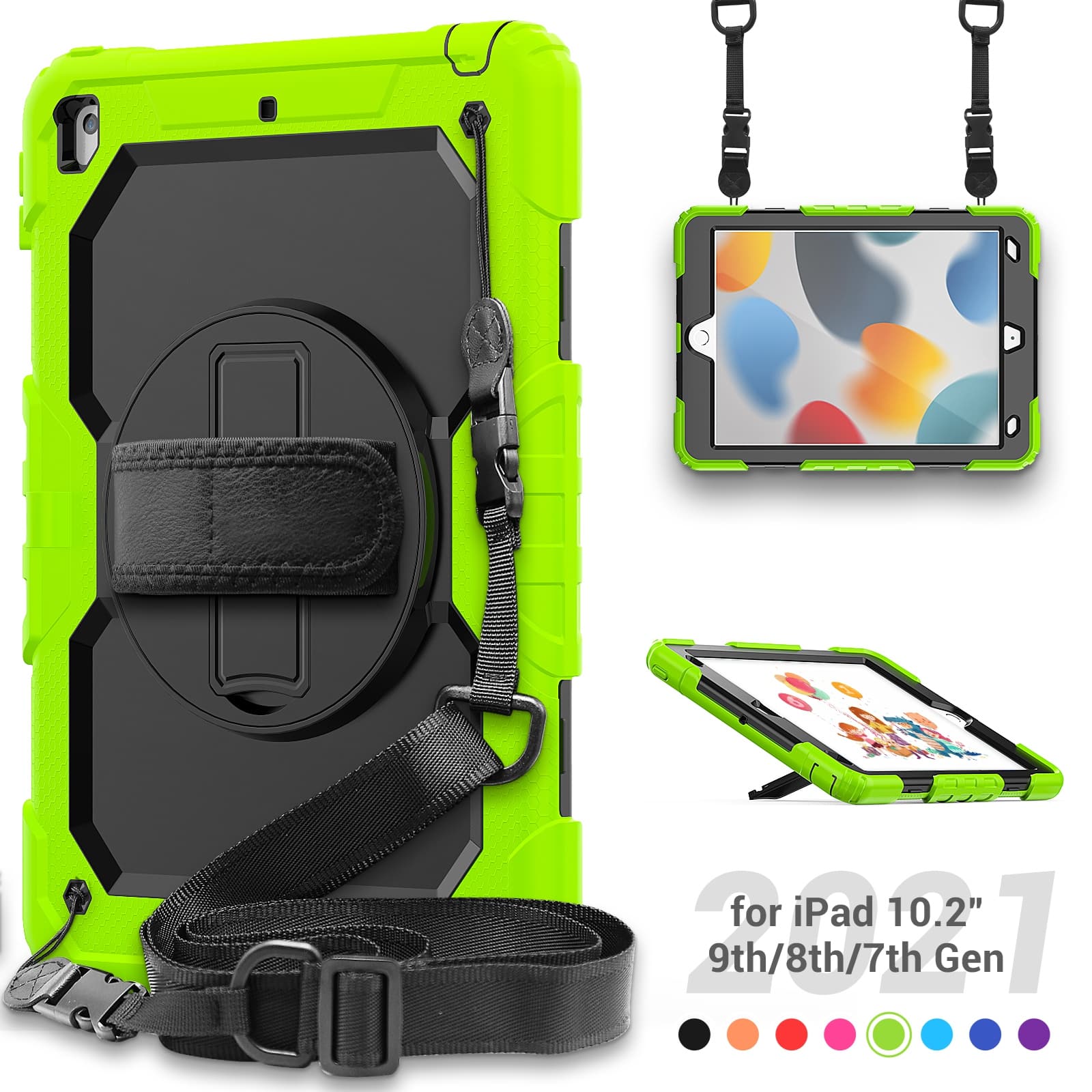 UUCOVER - Full Body Case for iPad 9th 8th 7th Gen 10.2-inch Shockproof Built-in Screen Protector Stand Hand/Shoulder Strap Cover - Black+Green