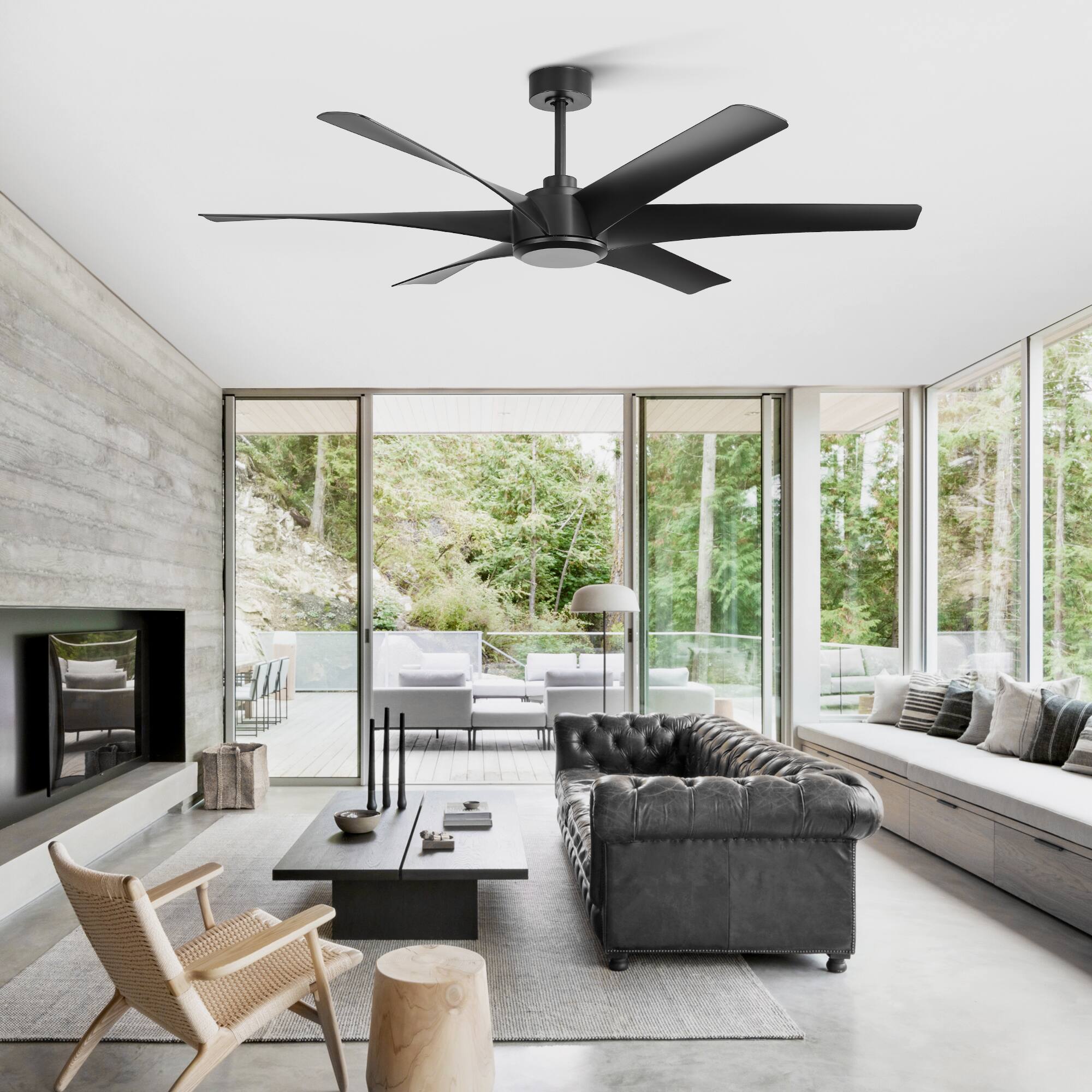 Back. Breezary - 65" Large Indoor Ceiling Fan with Remote Control, 6 ABS Blades, 6-Speed DC Motor, 7"/12" Downrods, Light/No Light Option - Matte Black (Without Light).