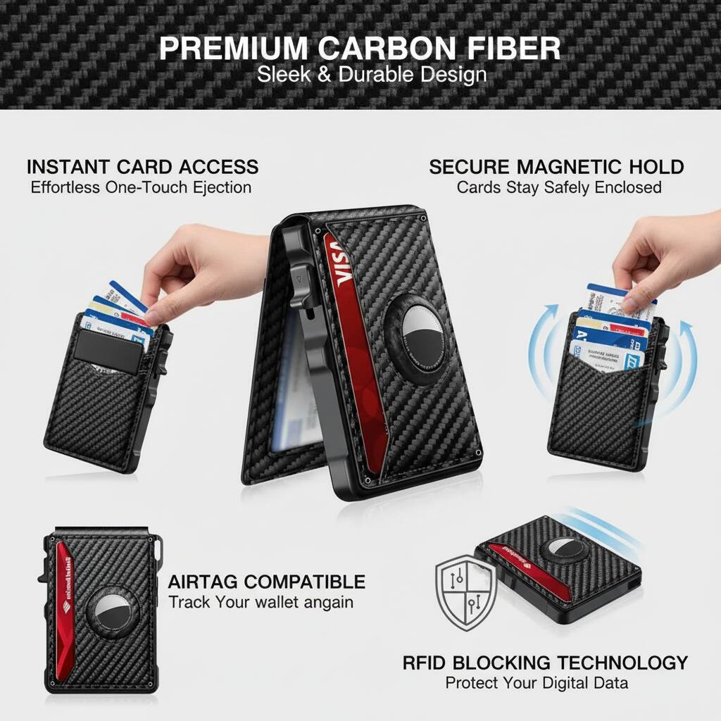 PREMIUM CARBON FIBER  
Sleek & Durable Design  

INSTANT CARD ACCESS  
Effortless One-Touch Ejection  

SECURE MAGNETIC HOLD  
Cards Stay Safely Enclosed  

AIRTAG COMPATIBLE  
Track Your Wallet Again  

RFID BLOCKING TECHNOLOGY  
Protect Your Digital Data
