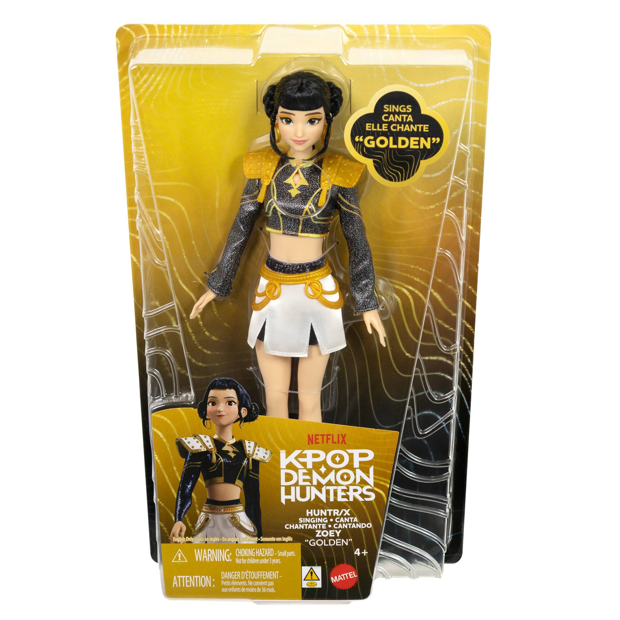 SINGS CANTA ELLE CHANTE "GOLDEN"  
NETFLIX KPOP DEMON HUNTERS HUNTR/X SINGING CANTA CHANTANTE - CANTANDO ZOEY Emotheau Only Gioto by singls to anglais.coment Samente em Ingls "GOLDEN"  
WARNING: CHOKING HAZARD Small parts. 4+ ! Not for children under 3 years.  
DANGER D'TOUFFEMENT MATTEL ATTENTION: Petits éléments. 260 convient pas 2018 enfants die moins de 36 mois.