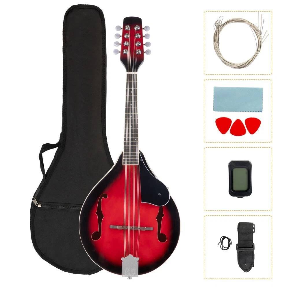Angle. Home Collection - 8-String A-Style Mandolin Bundle with Tuner, Strings, Gig Bag, Picks - Natural Gloss.