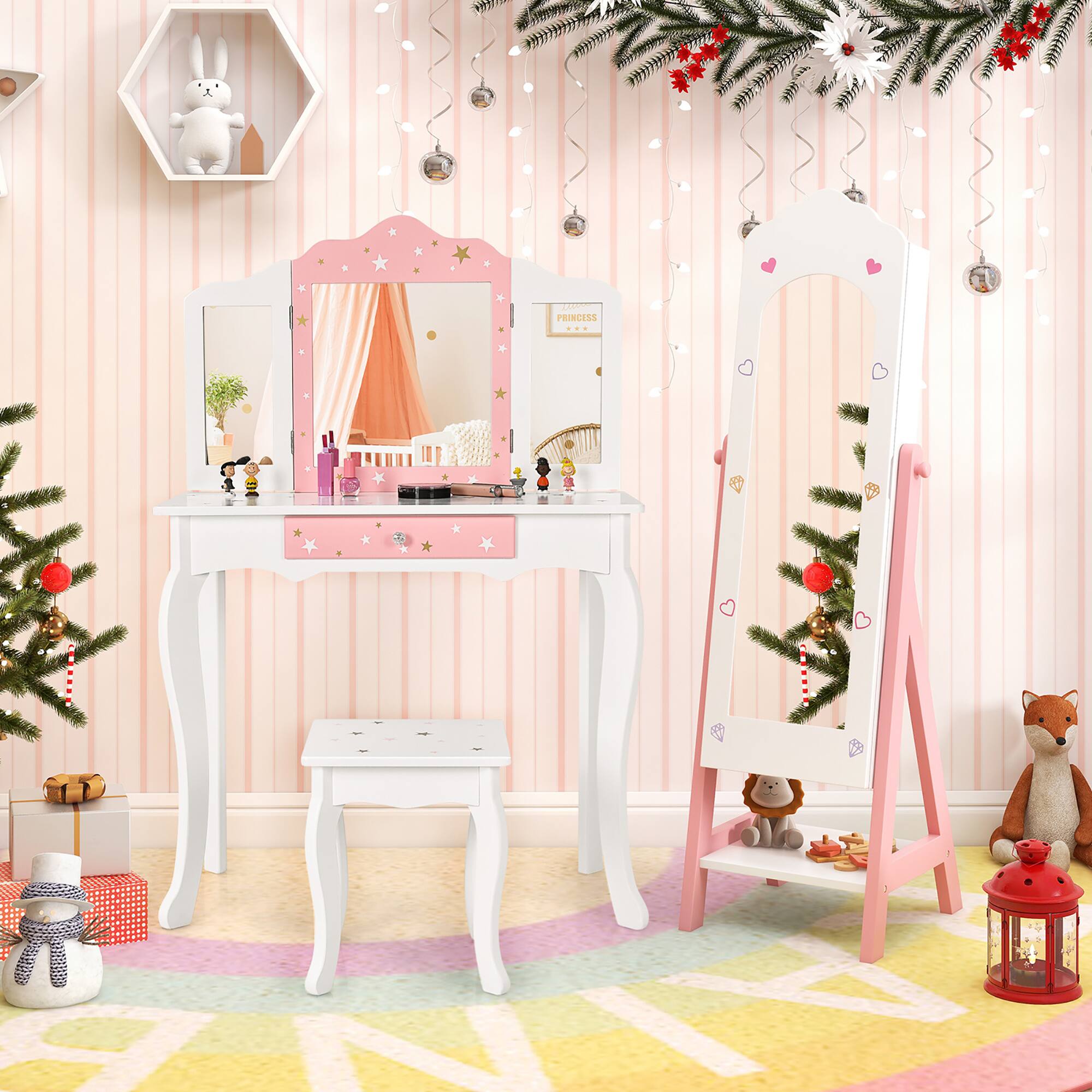 Alt View 8. Gymax - Gymax Kids Jewelry Cabinet Standing Children Jewelry Organizer w/ Full-Length Mirror - White.