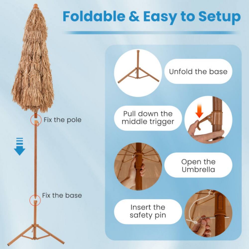 Foldable & Easy to Setup

1. Unfold the base
2. Fix the pole
3. Pull down the middle trigger
4. Open the Umbrella
5. Fix the base
6. Insert the safety pin