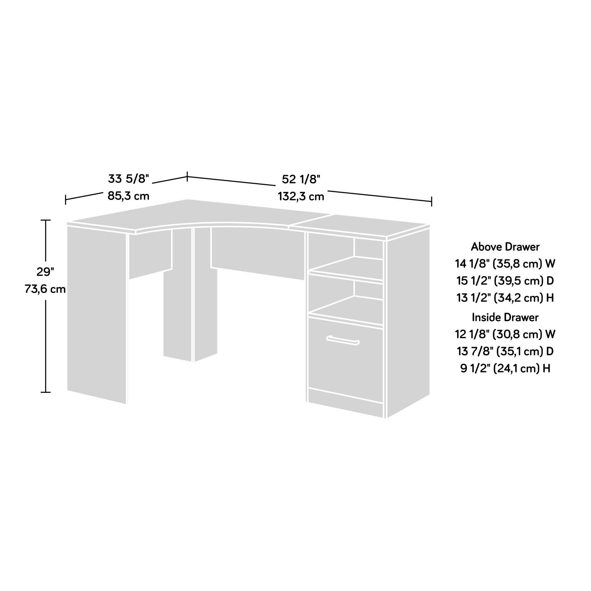 33 5/8" (85,3 cm)  
52 1/8" (132,3 cm)  
29" (73,6 cm)  

Above Drawer  
14 1/8" (35,8 cm) W  
15 1/2" (39,5 cm) D  
13 1/2" (34,2 cm) H  

Inside Drawer  
12 1/8" (30,8 cm) W  
13 7/8" (35,1 cm) D  
9 1/2" (24,1 cm) H