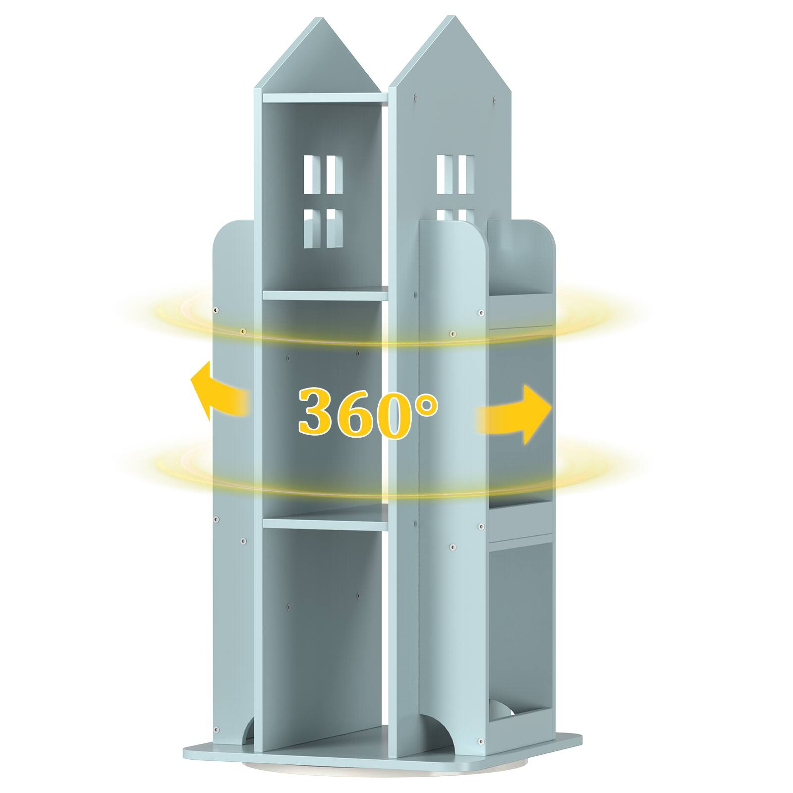 Angle. Oumilen - 360° Rotating Wood House-Shaped Bookshelf, Blue - Blue.
