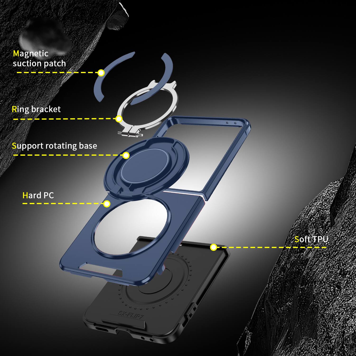Magnetic suction patch  
Ring bracket  
Support rotating base  
Hard PC  
Soft TPU  
SX-FLIP7