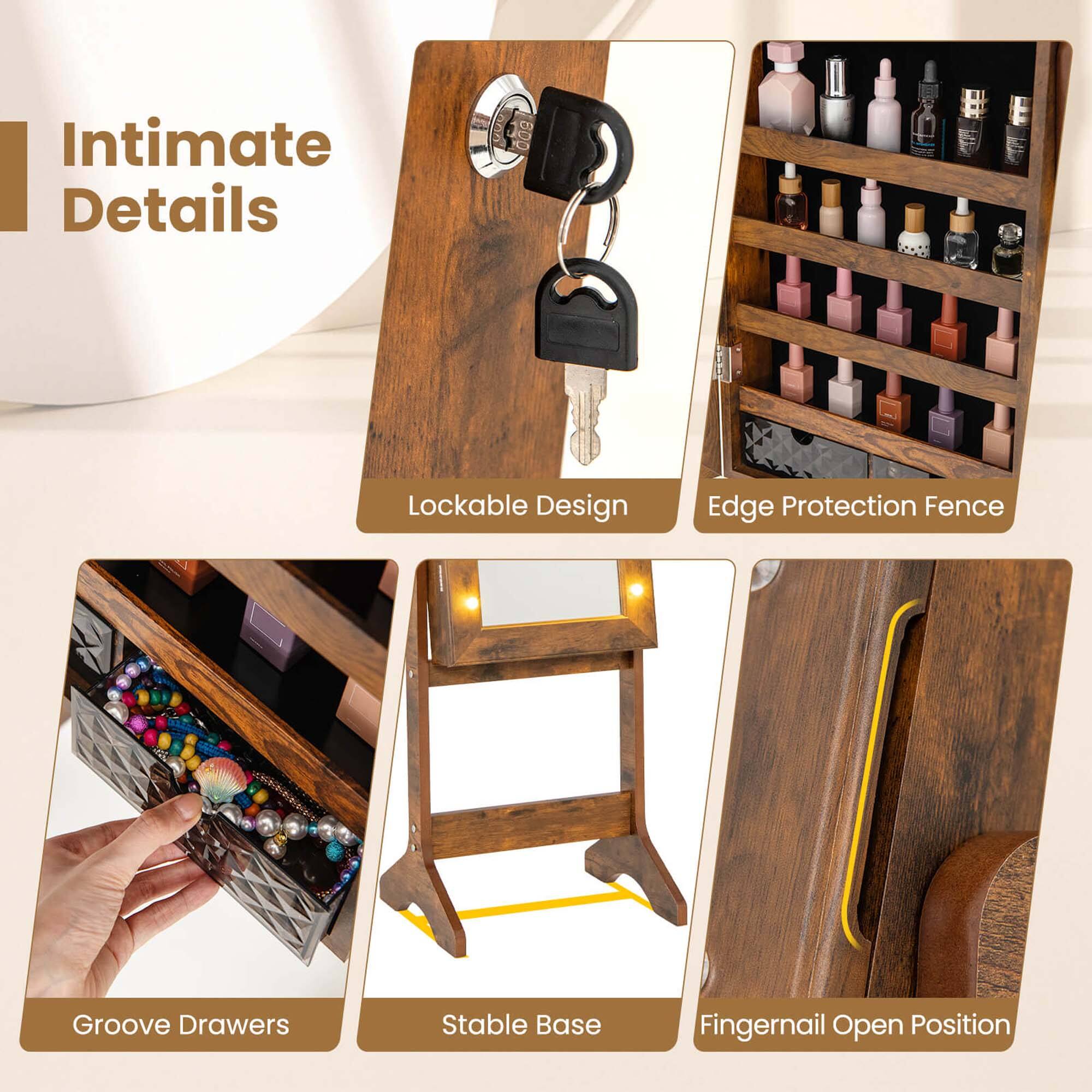 Intimate Details

- Lockable Design
- Edge Protection Fence
- Groove Drawers
- Stable Base
- Fingernail Open Position