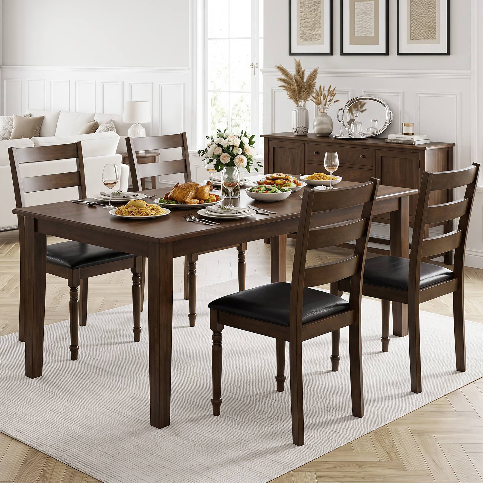 Alt View 1. Gymax - Gymax 4PCS Farmhouse PU Leather Upholstered Dining Chairs w/Ladder Back Padded Seat Brown & Black - Brown.