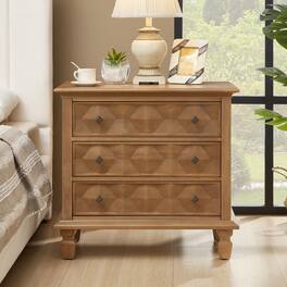 Loheer - Farmhouse Nightstand with Charging Station, 3 Drawer Bedside Table - Natural Wood