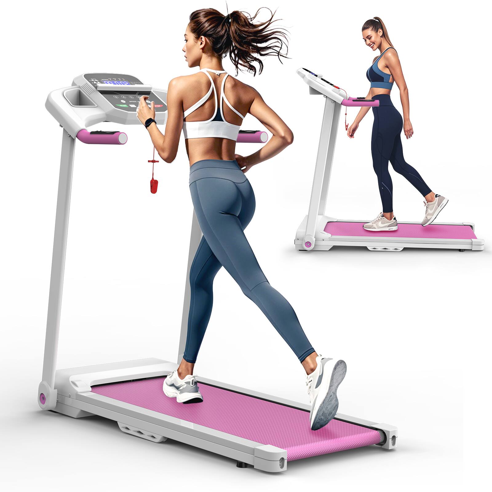 Tiramisubest - 2.5HP Foldable Electric Treadmill for Home Gym, Max 265 LBS Capacity - White|Pink