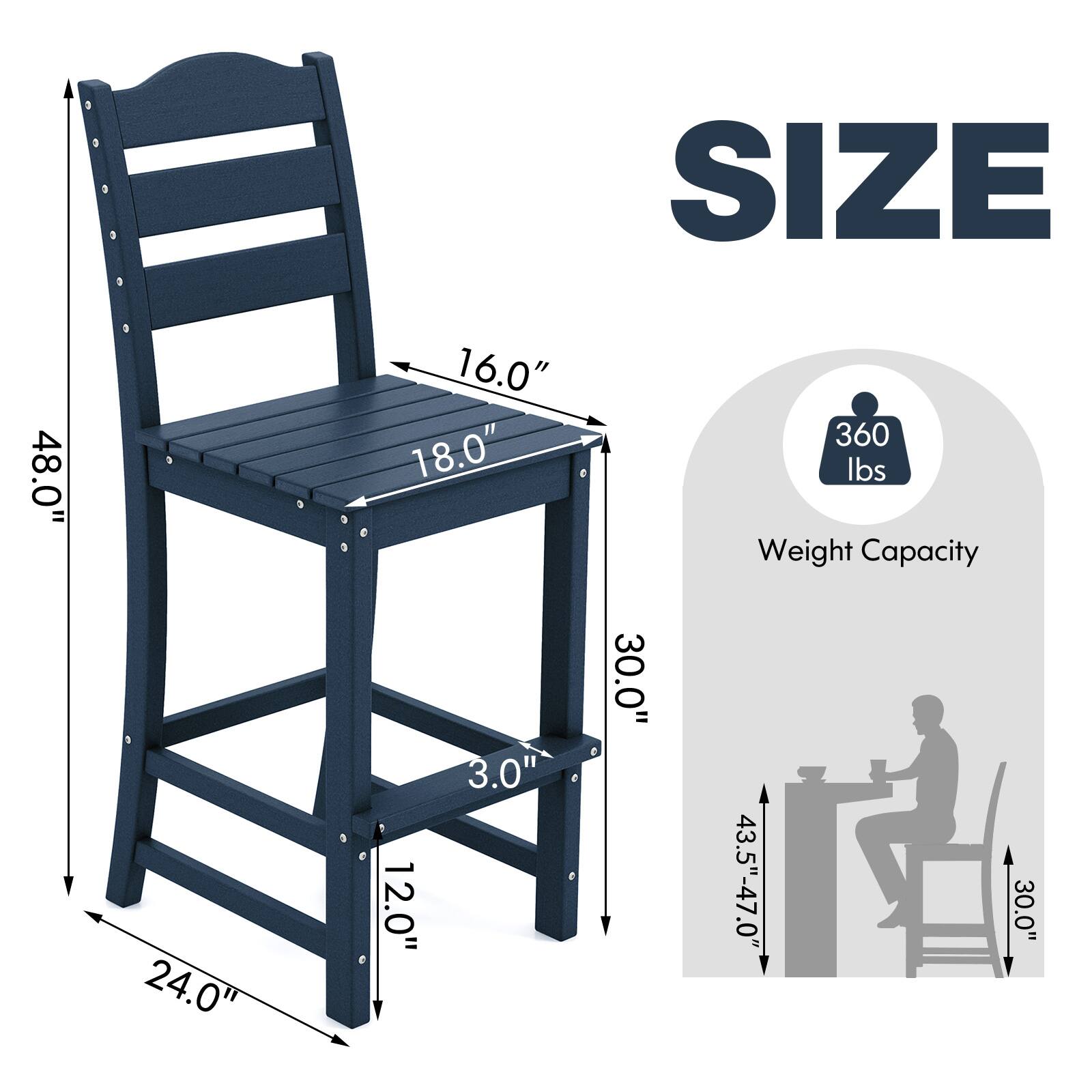 The corrected and grouped text from the image is:

- **Size:**
  - Height: 48.0"
  - Seat Height: 30.0"
  - Seat Depth: 18.0"
  - Seat Width: 16.0"
  - Back Height: 43.5"-47.0"
  - Overall Width: 24.0"
  - Overall Depth: 12.0"
  - Overall Height: 43.5"-47.0"
  - Leg Width: 3.0"
- **Weight Capacity:** 360 lbs