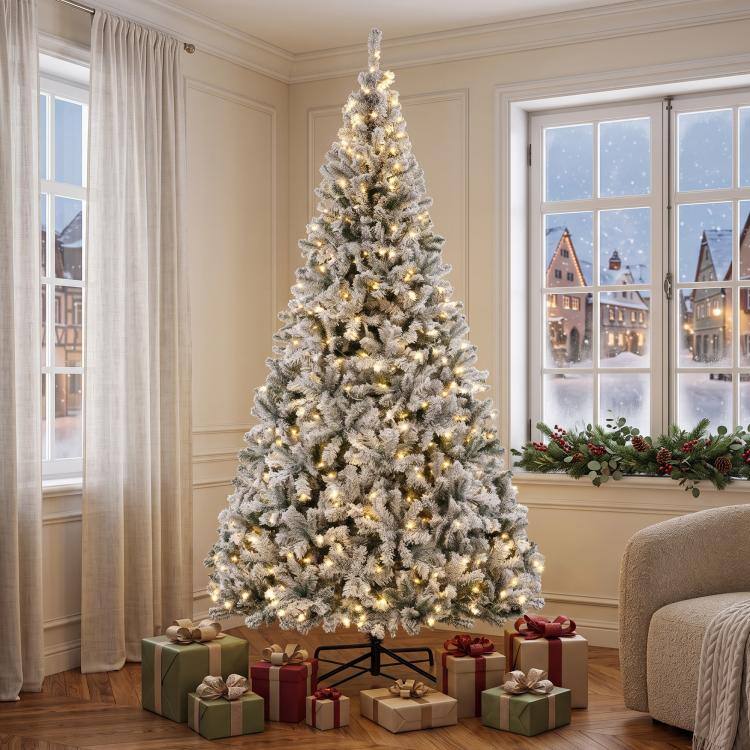 Alt View 9. PULUZ - 9ft Flocked Prelit Christmas Tree, Fraser Fir, Hinged Xmas Tree - White and Green.