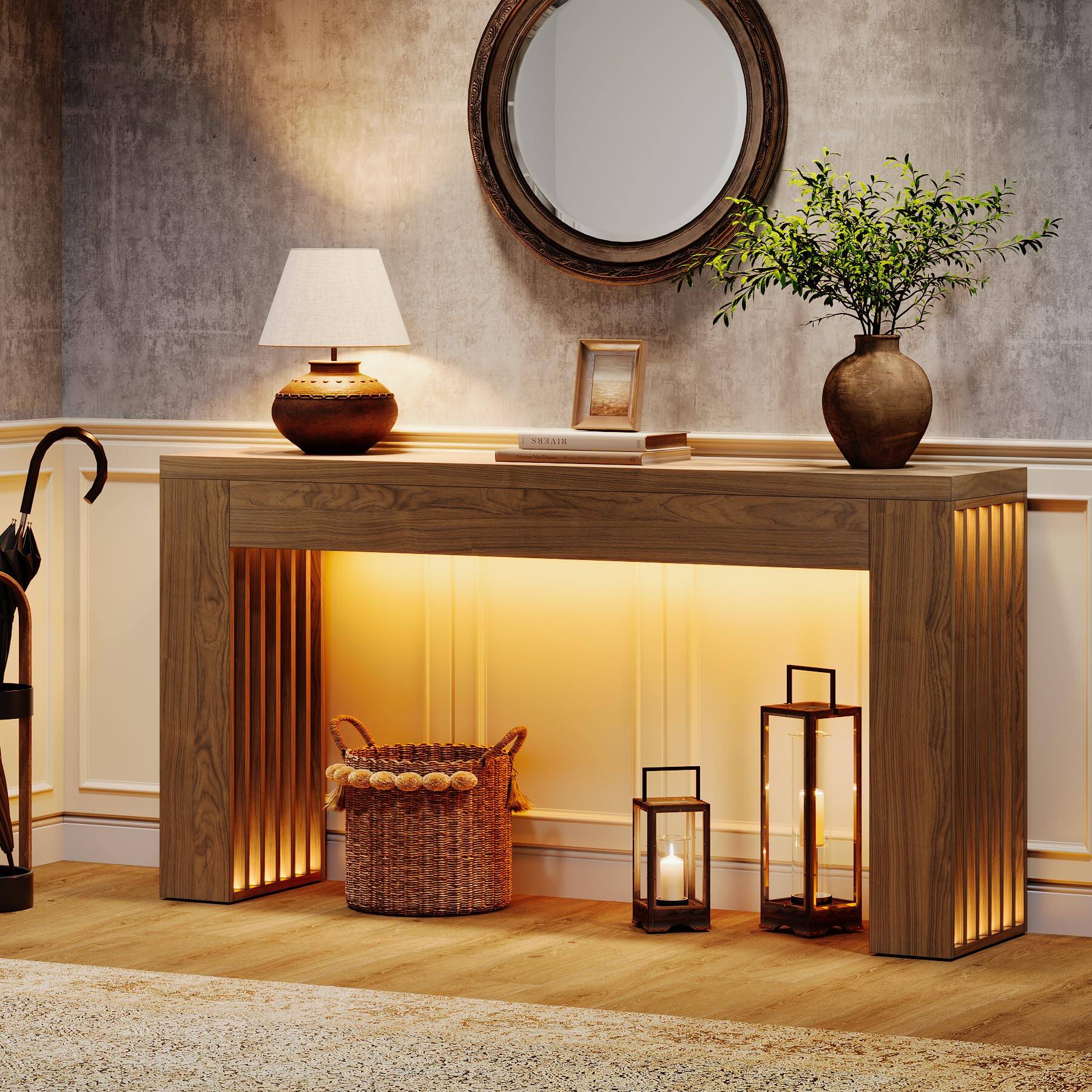 Back. Tribesigns - 59-Inch Console Table for Living Room, Farmhouse Entryway Table with Vertical Slat Legs, Wooden Rectangular Sofa Tables - Rustic Brown.