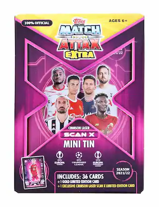 OPPS AGES 6+ 100% OFFICIAL MATCH ATTAX 1/22 EXTRA -d Teari A DNE CRIMSON LASER SCAN X MINI TIN
INCLUDES: 36 CARDS +1 GOLD LIMITED EDITION CARD +1 EXCLUSIVE CRIMSON LASER SCAN X LIMITED EDITION CARD
EUROPA LEAGUE LEAGUE CONFERENCE LEAGUE SEASON 2021/22