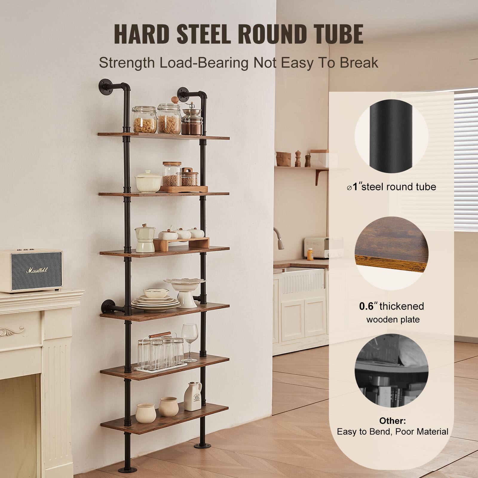 HARD STEEL ROUND TUBE  
Strength Load-Bearing Not Easy To Break  

- 1" steel round tube  
- 0.6" thickened wooden plate  
- Other: Easy to Bend, Poor Material