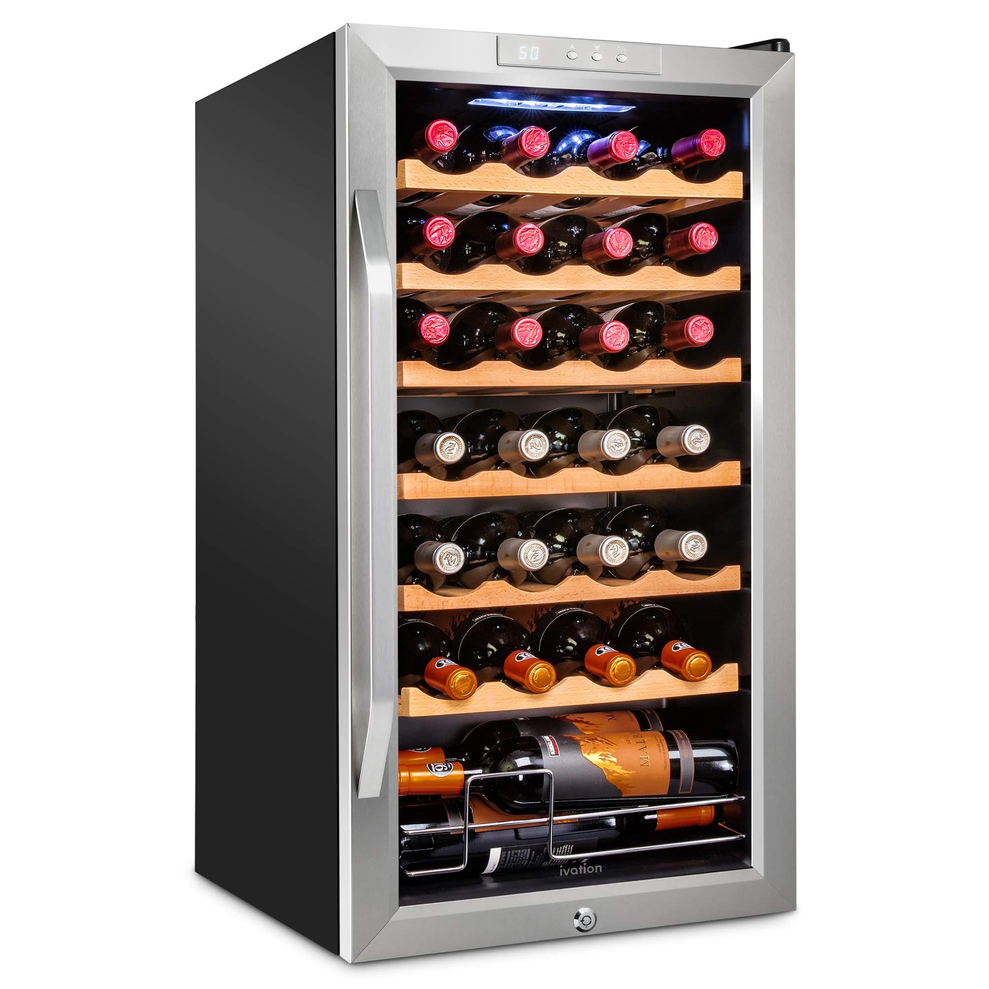 Ivation - 28 Bottle Compressor Wine Refrigerator, Freestanding Wine Cooler with Lock - Stainless Steel