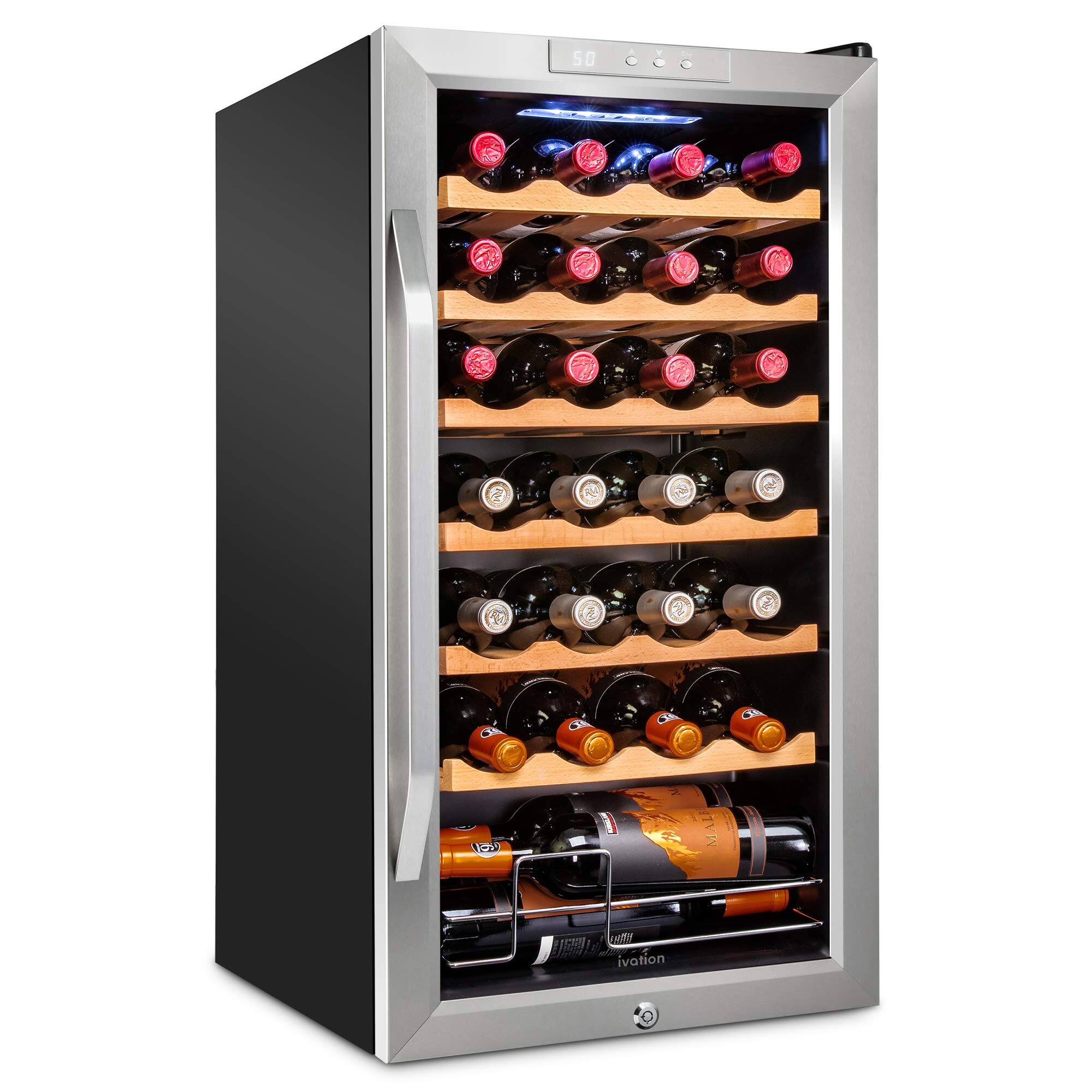 Ivation - 28 Bottle Compressor Wine Refrigerator, Freestanding Wine Cooler with Lock - Stainless Steel