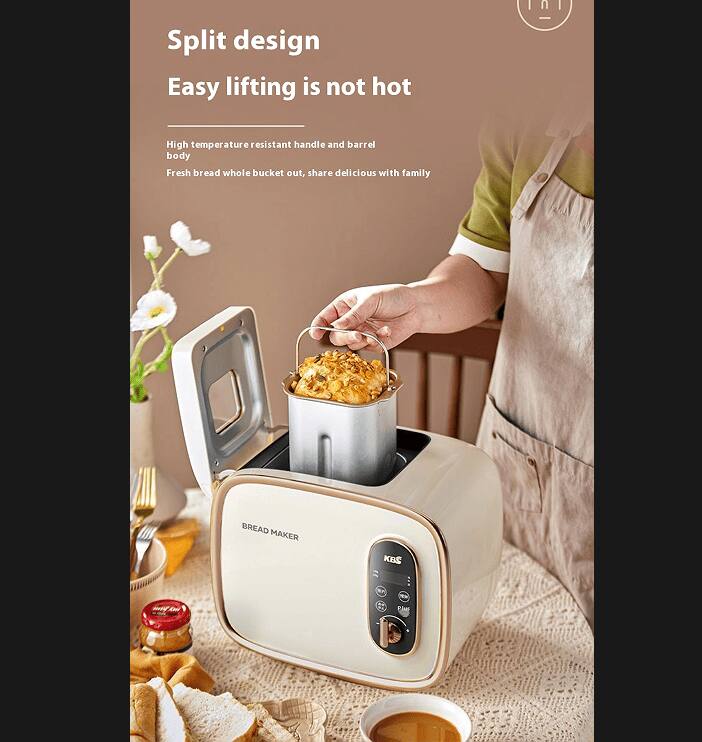 Split design  
Easy lifting is not hot  

High temperature resistant handle and barrel body  
Fresh bread whole bucket out, share delicious with family  

BREAD MAKER  
KGS