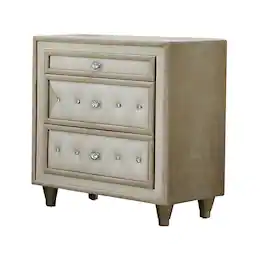 Manhattan Lane - Matt 30 Inch Modern Nightstand, 3 Drawers, Velvet Tufted - Ivory and Brown