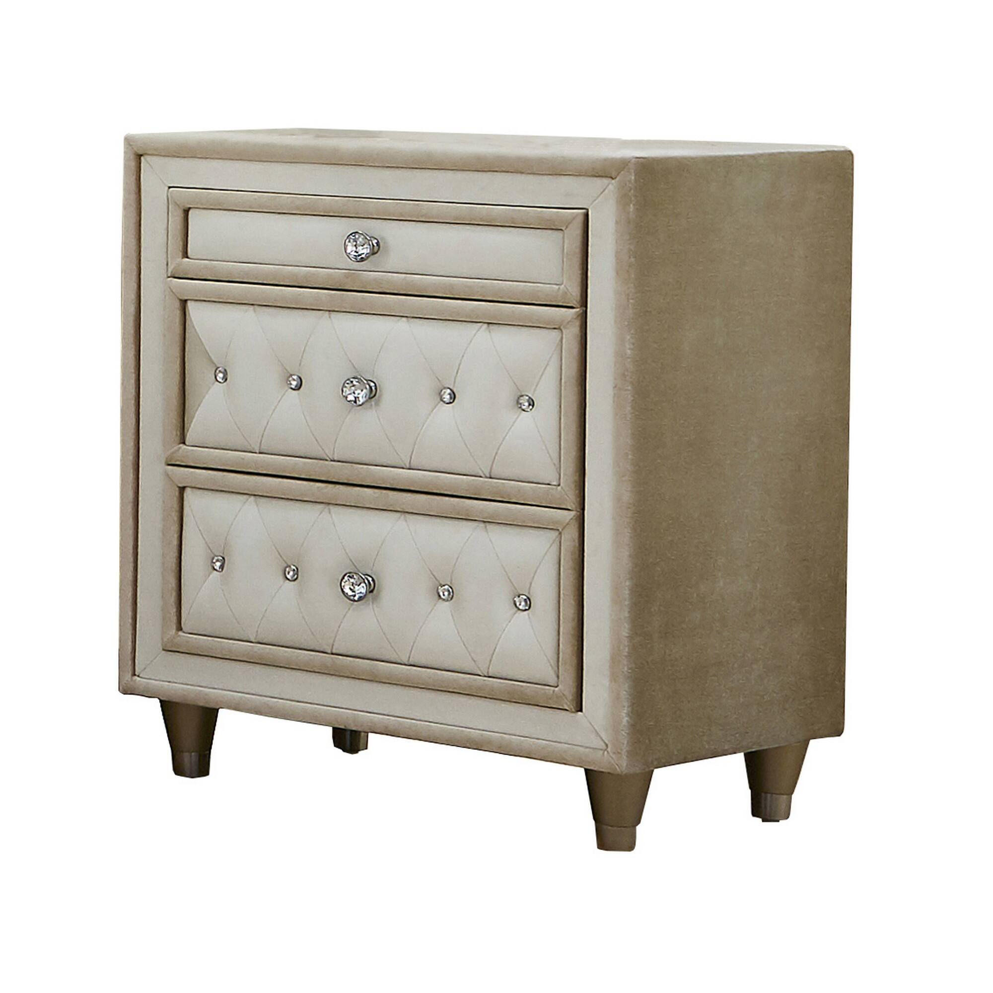Front. Manhattan Lane - Matt 30 Inch Modern Nightstand, 3 Drawers, Velvet Tufted - Ivory and Brown.