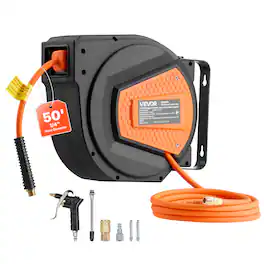 VEVOR - Retractable Air Hose Reel, 1/4 Inch x 50 FT Hybrid Air Hose Max 300PSI, Enclosed Air-Compressor Hoses Reel Auto Rewind - Orange + Black