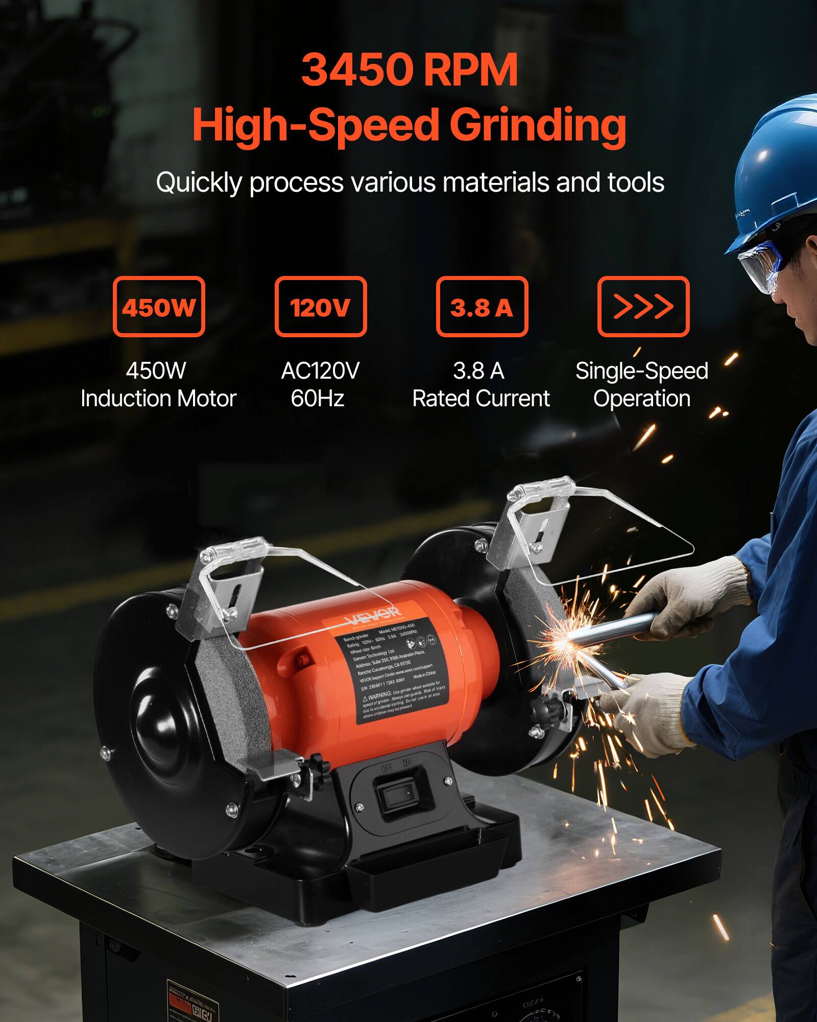 3450 RPM High-Speed Grinding Quickly process various materials and tools

450W
120V
3.8A
450W Induction Motor
AC120V 60Hz
3.8 A Single-Speed Rated Current Operation

JEVOR METON-CO You're - Send-ginse HI MFC & so AL tarver fackeday x Amount Sult 2 shomp, Madel-Ching saver-postriver: LOVE 2001 - IN 250km than - AN MARVING de
OFF