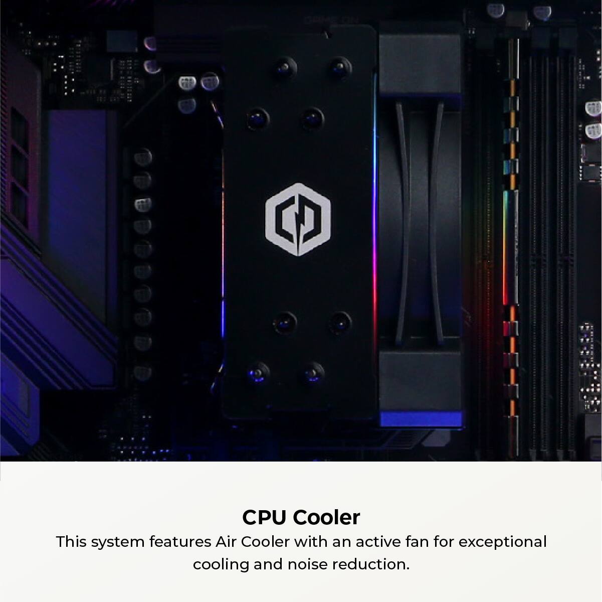 The image features a close-up view of a CPU cooler, which is designed to provide efficient cooling and noise reduction. The cooler is equipped with an active fan, ensuring optimal performance and temperature regulation. This system is ideal for users seeking an effective solution for their CPU cooling needs.