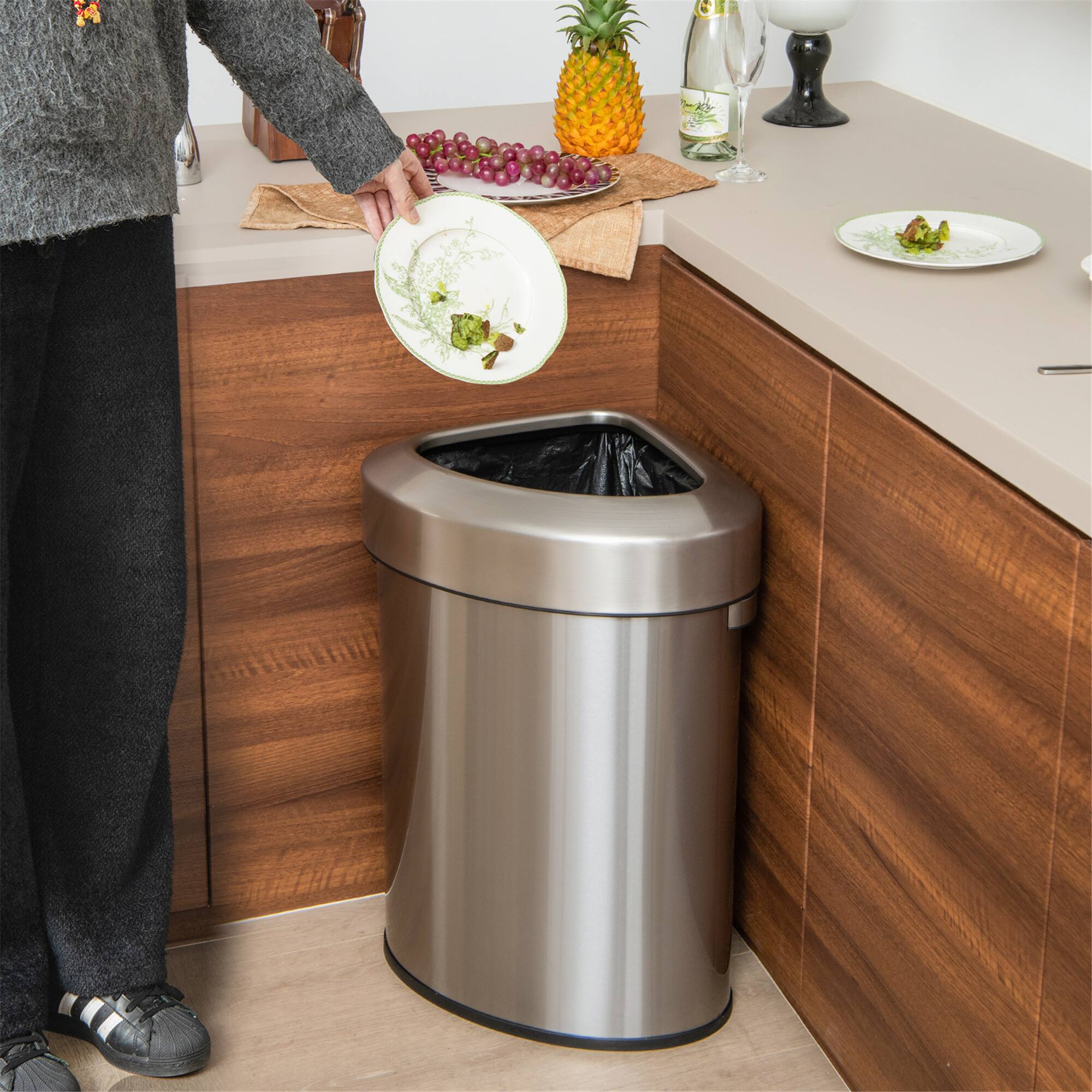 Alt View 3. Gymax - Gymax Stainless Steel Corner Trash Bin w/ Lid Large Open Top Anti-slip Bottom - Silver.