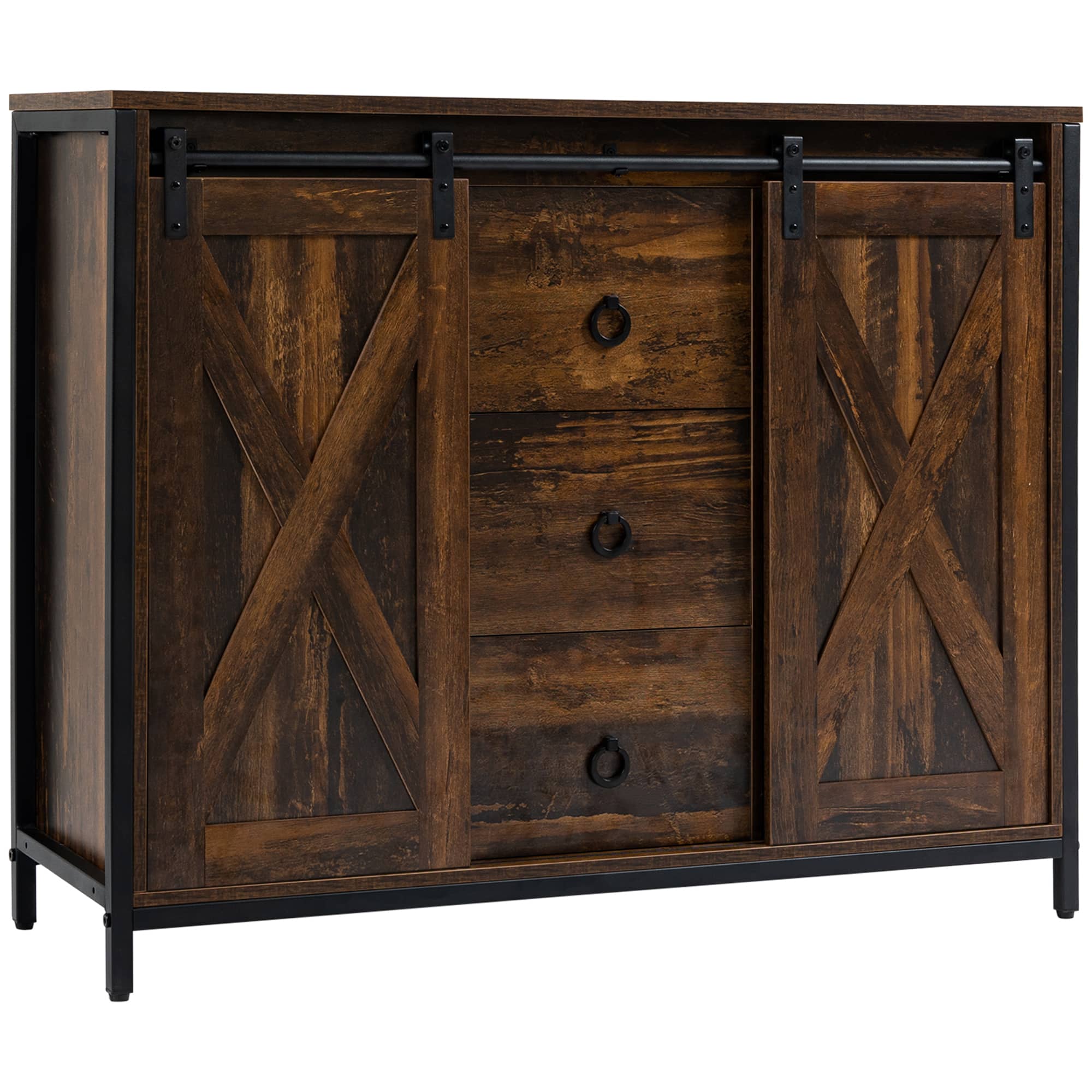 Homcom - Buffet Cabinet Kitchen Sideboard with Sliding Barn Doors - Rustic Brown