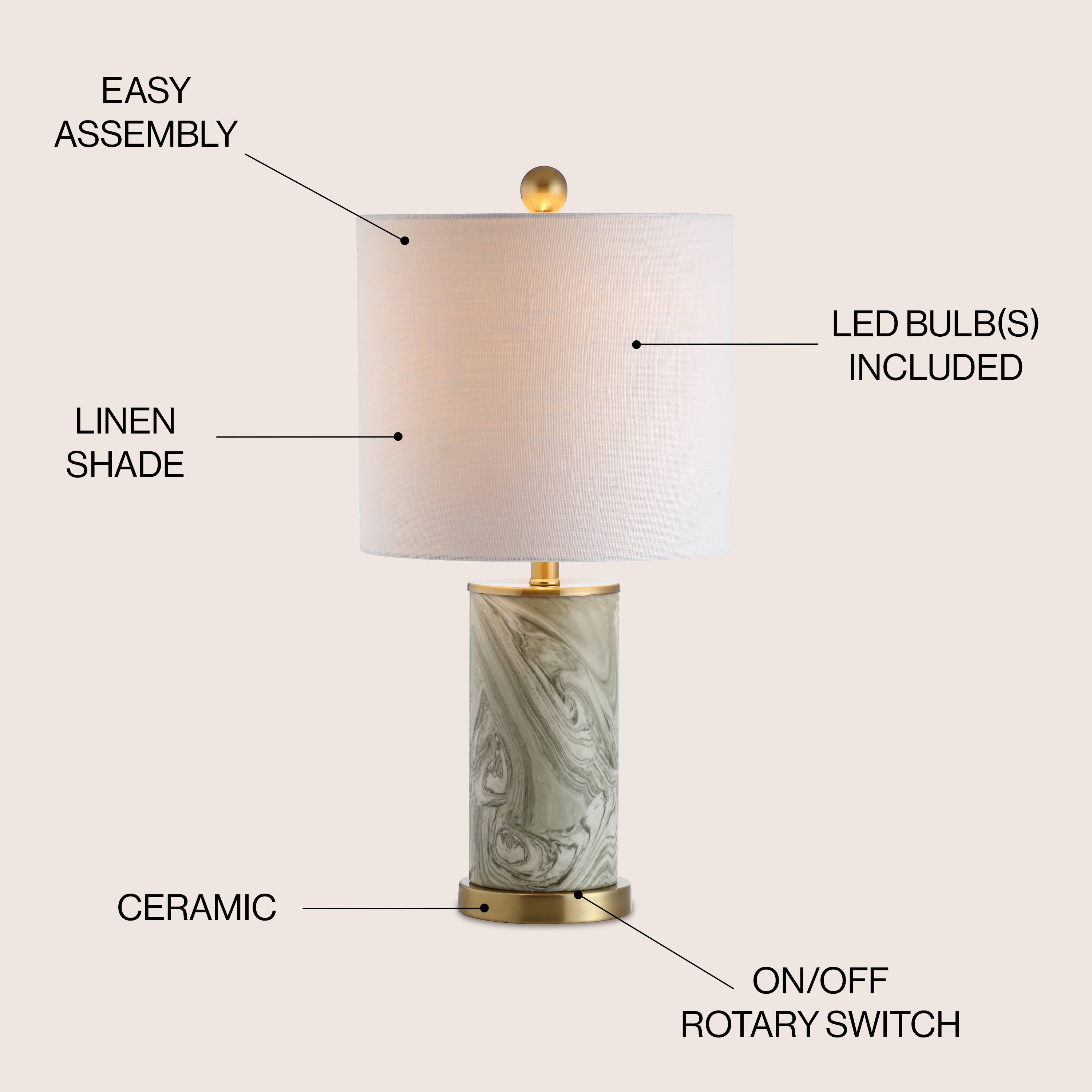- Easy Assembly
- Linen Shade
- LED Bulb(s) Included
- Ceramic
- On/Off Rotary Switch