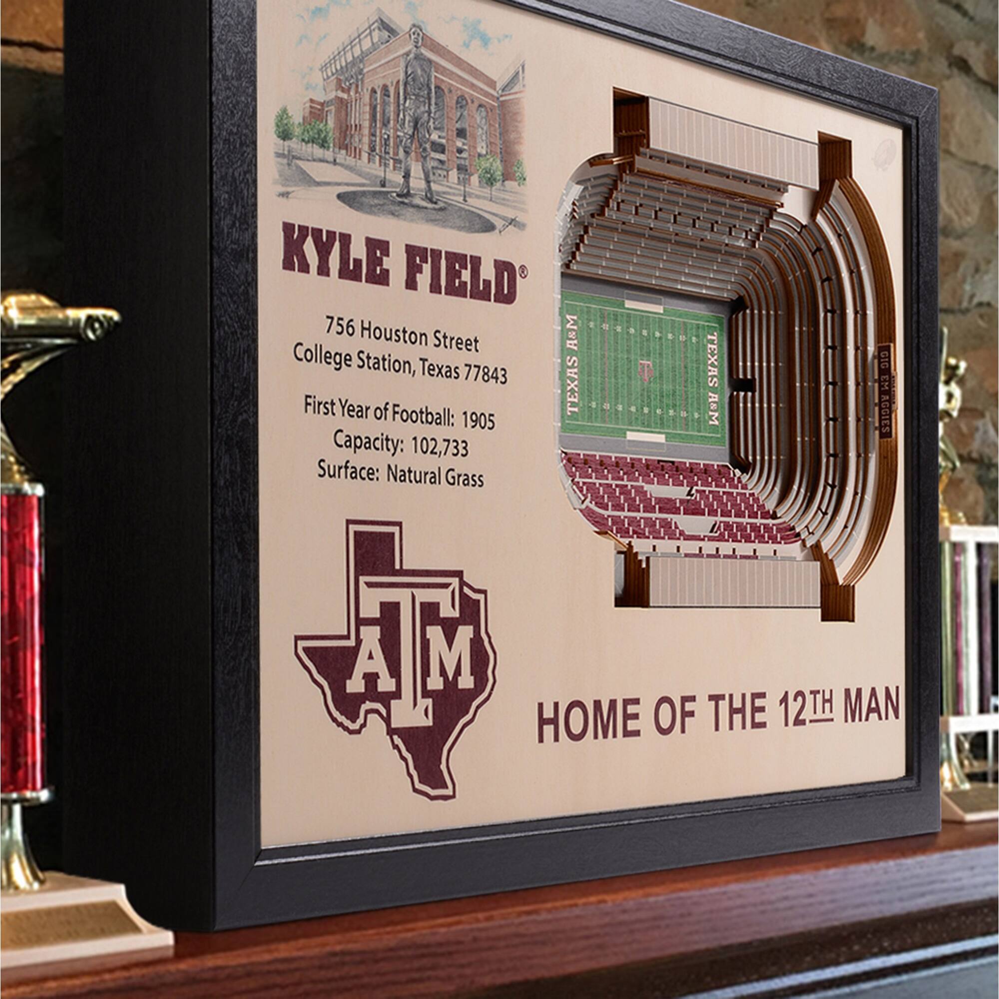 KYLE FIELD  
756 Houston Street  
College Station, Texas 77843  

First Year of Football: 1905  
Capacity: 102,733  
Surface: Natural Grass  

HOME OF THE 12TH MAN