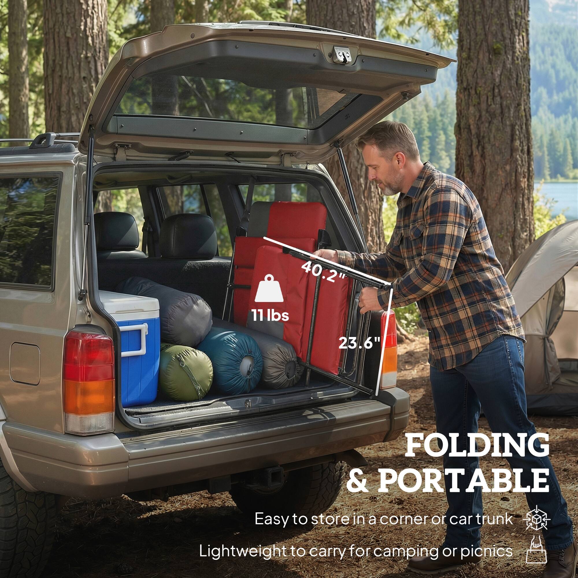0E 40.2" 11 lbs 23.6" FOLDING & PORTABLE  
Easy to store in a corner or car trunk  
Lightweight to carry for camping or picnics