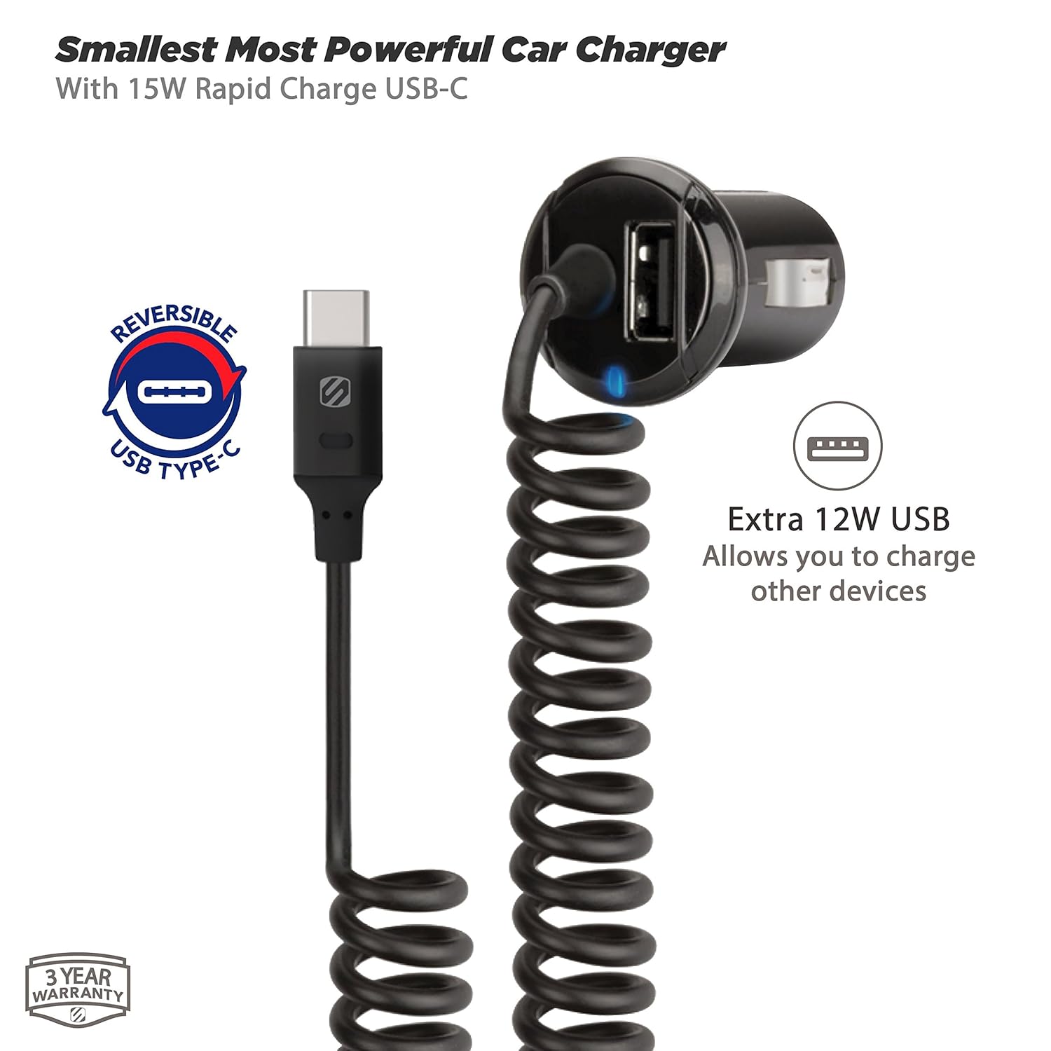 Smallest Most Powerful Car Charger  
With 15W Rapid Charge USB-C  

REVERSIBLE USB TYPE-C  

Extra 12W USB  
Allows you to charge other devices  

3 YEAR WARRANTY