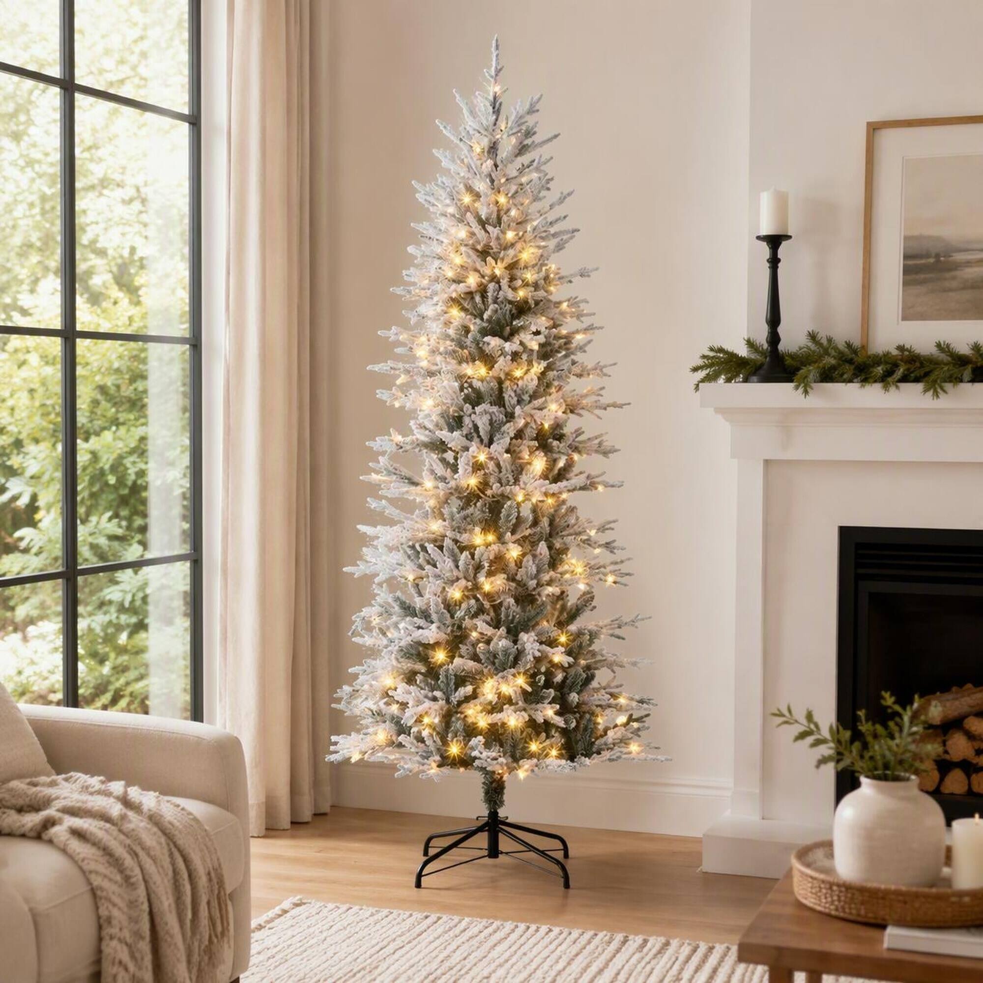 Back. RYHNUYNE - Pre-Lit Artificial Flocked Christmas Tree, Snow Branches Warm Yellow Lights Auto-Open Design Dense Realistic Foliage - Green.
