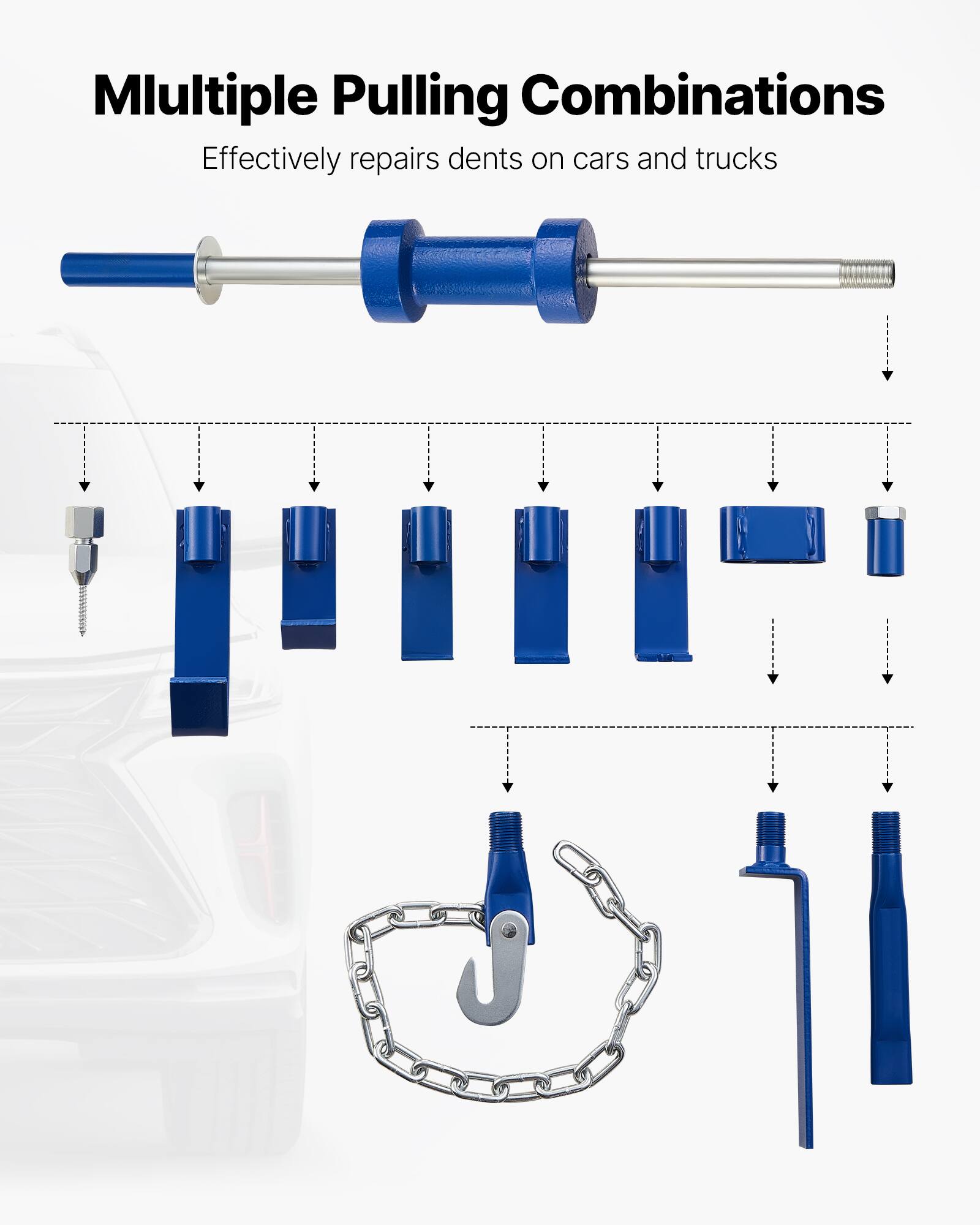 Multiple Pulling Combinations  
Effectively repairs dents on cars and trucks