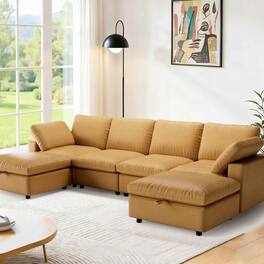Dyonery - 130" Leather Modular Sectional Sofa with Storage Ottoman, 5-Seater U-Shaped,Solid Wood Frame,Camel - Brown-U